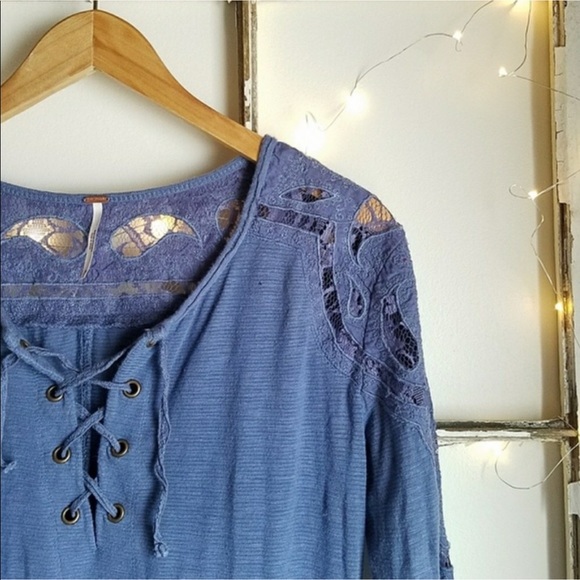 Free People Jennie Embroider Henley Laceup Blue - Picture 6 of 6